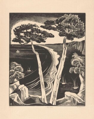 Pines Breton Bay at Low Tide Bernard Essers 1931 Sepia Woodcut Dutch Modernist P