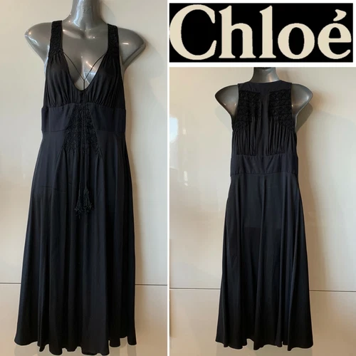 CHLOE Black 100% Silk Midi Embroidery Smocking & Tassel Trim Dress 40FR/10Au/6US
