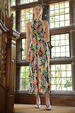 New Rixo Kendra Metallic Pattern Mix Halter Dress Sz L UK 14