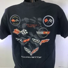 Corvette T-Shirt - The Legend Lives On W/ C-1 C-2 C-3 C-4 C-5 C-6 C-7 Emblems