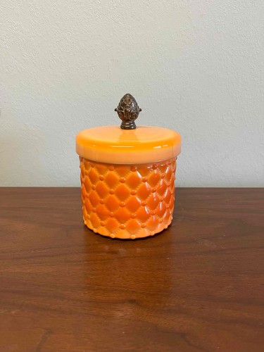 Vintage LE Smith Bittersweet Glass Quilted Jar Container With Lid