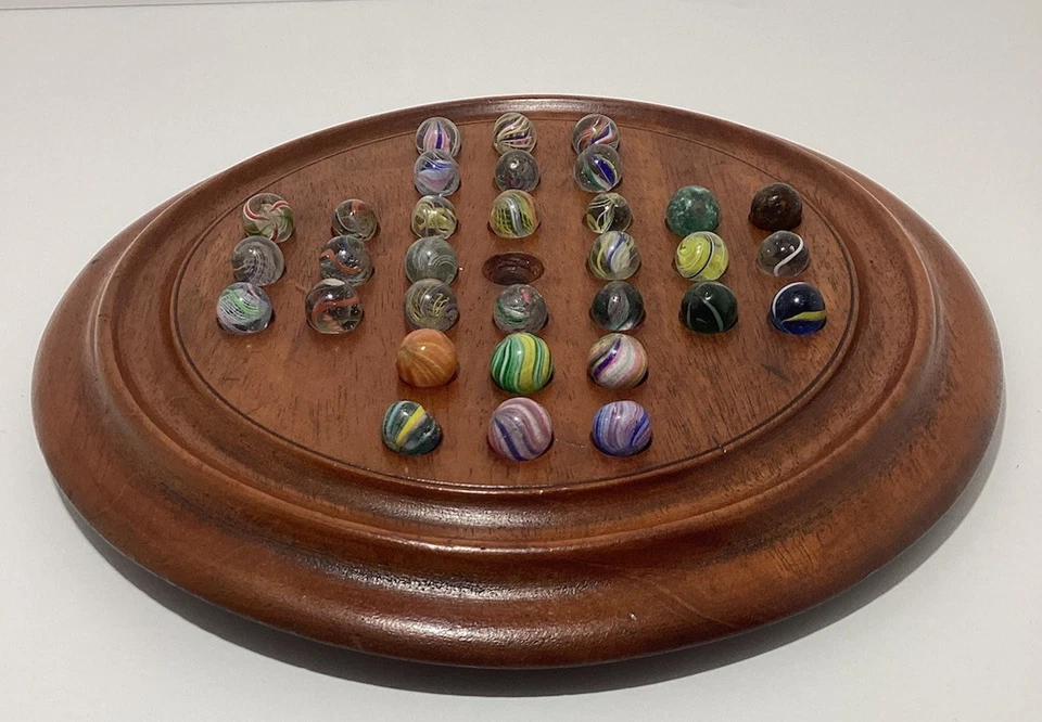 Antique German handmade Marbles 9" Wooden Solitaire Board w/32 Peewee .42”-.52” - Image 2 of 4