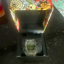 Ed Hardy Skull Black/Gray Skull Dial Tonneau Quartz Watch Rubber Strap Box