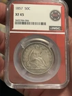 1857 LIBERTY SEATED SILVER HALF DOLLAR NGC XF 45! BETTER DATE! NICE EYE APPEAL**