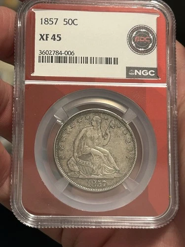 1857 LIBERTY SEATED SILVER HALF DOLLAR NGC XF 45! BETTER DATE! NICE EYE APPEAL**