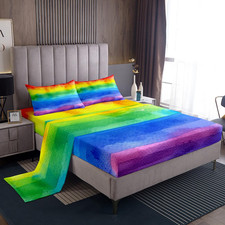 Erosebridal Rainbow Printed Sheet Set Abstract Watercolor Fitted Sheet Pastel