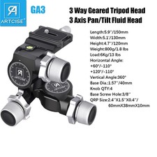 3-Way Geared Tripod Head 3 Axis Pan/Tilt Fluid Head with Arca Type QR Plate
