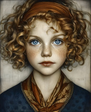 8x10 Cozy Storybook Young Girl with Curly Hair Art Print Cottagecore - 568027960