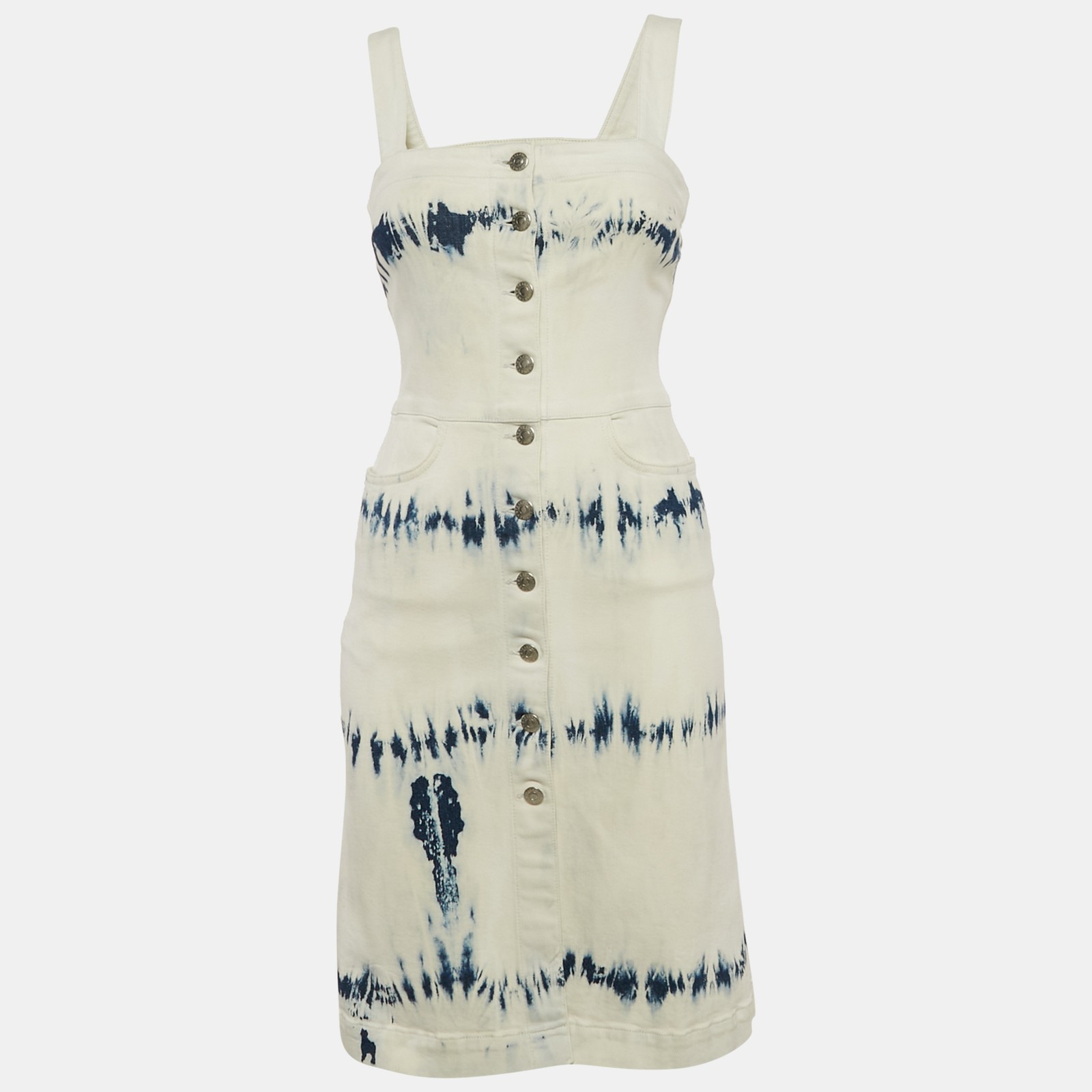 Mini Vestido Stella McCartney Blanco/Azul Tie-Dye Denim Botón Delantero S