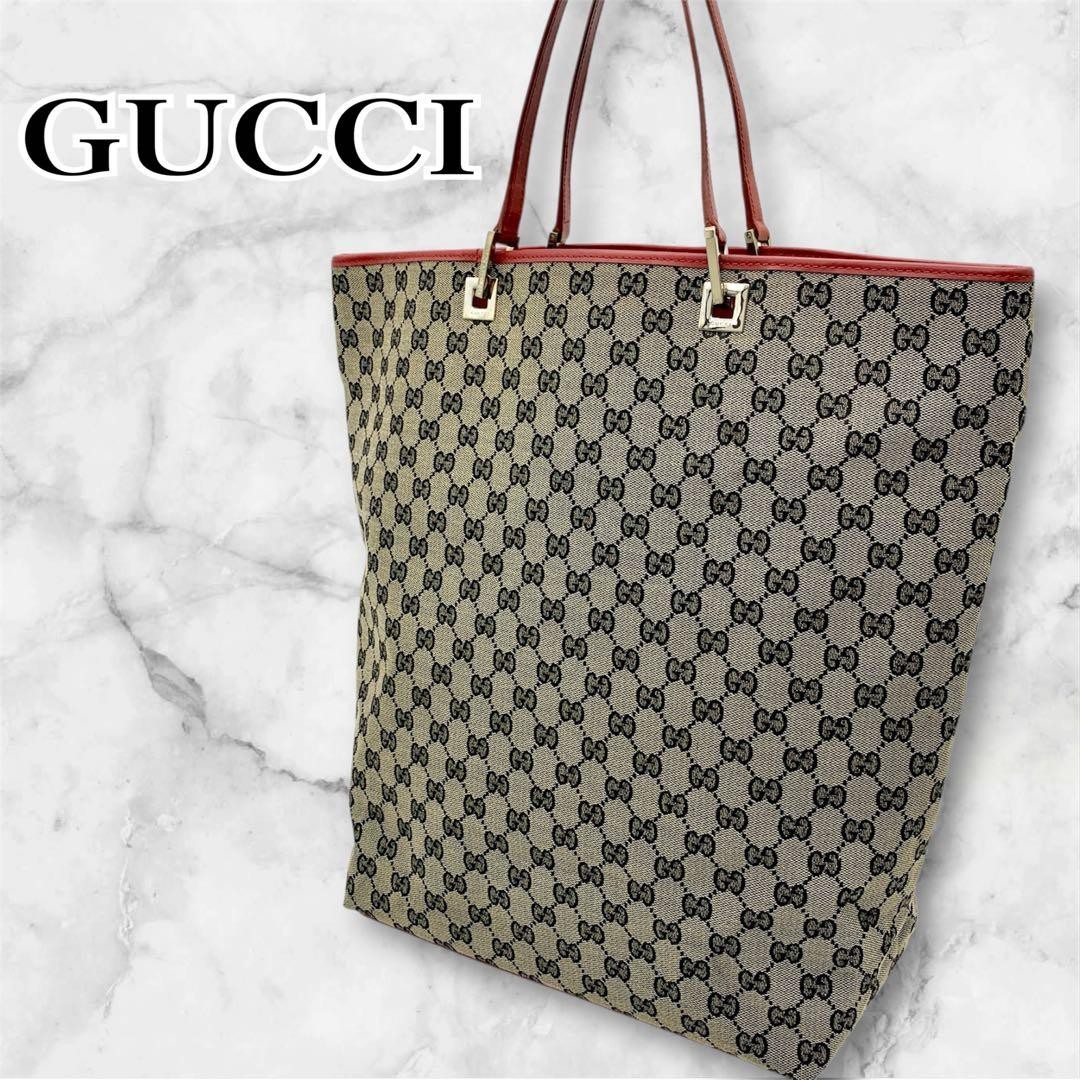 GUCCI GG Canvas Leather Tote Bag Beige Brown Red Large Authentic Classic