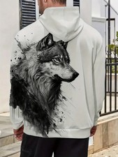 Wolf Sketch Art Hoodie   3D Black  White Wolf Print Sweatshirt Unisex