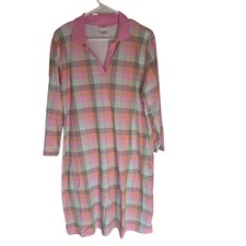 Lands End Womens XL Pink Plaid Cotton Polo Dress 3/4 Sleeve V-Neck