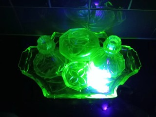 Vintage Uranium Glass 5pc Vanity Set Tray Candlesticks Art Deco