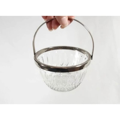 Vintage Reims France Cut Crystal Candy Dish Silver Rim Swing Handle Sugar Bucket