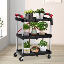 3-Tier Portable Folding Service Cart 2 Lockable Wheels Collapsible Utility Carts