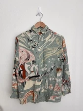 Citron Santa Monica 100% Silk Top Size XS Japanese Art Mystical Button Up Shirt
