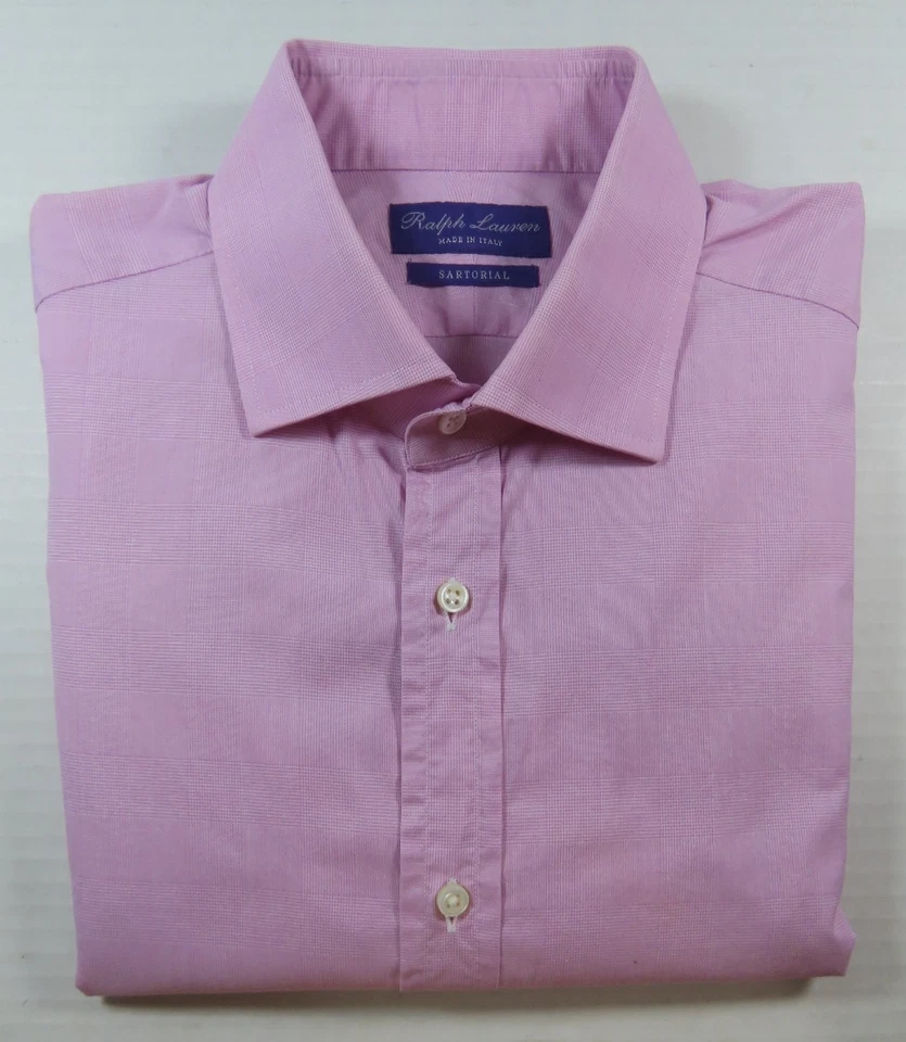 Ralph Lauren Purple Label Mens Sartorial Pink Glen Plaid Italian Dress Shirt 16 - Image 3 of 4