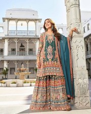 Latest Launching Teal Blue Faux Georgette Kurta Palazzo With Dupatta For Women