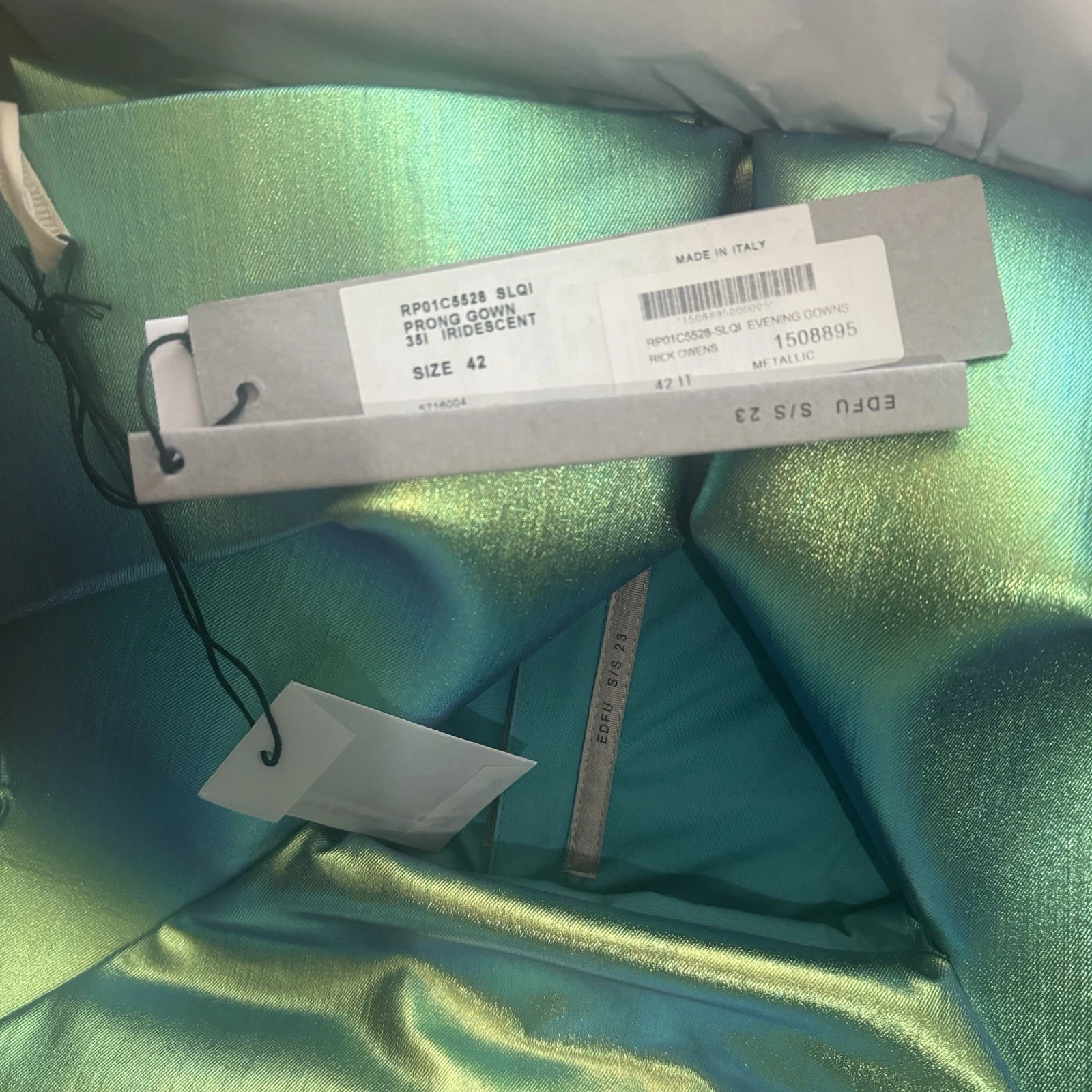 Abito nuovo con etichette Rick Owens Prong iridescente elasticizzato denim ritaglio abito senza spalline 42