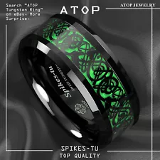 ATOP 8/6mm Men Black Green Tungsten Ring Wedding Band Celtic Dragon Carbon fiber