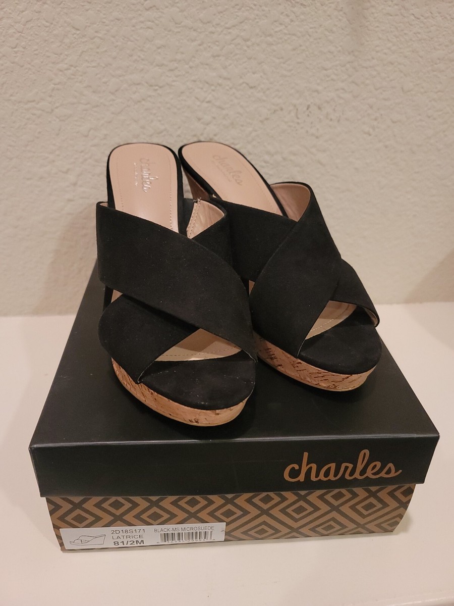 Charles By Charles David M Latrice Black Faux Suede Cork Wedge Sandals