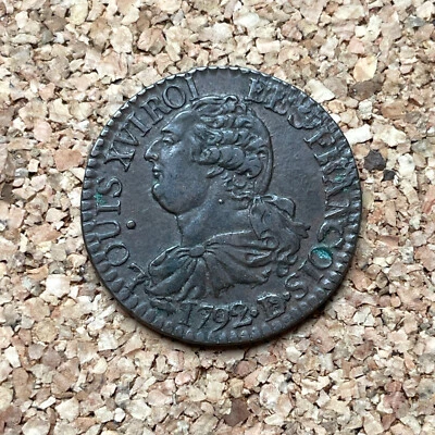 France-Constitution 1791-92. Louis XVI 1774-1793. 3 Deniers 1792D Lyon - E24234 - Image 1 of 3