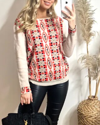 Pullover mehrfarbig rot und blau cremefarben METALLIC GOLDBORTEN FAIR ISLE PRINT