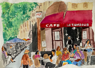 Provence, France cafe scene in watercolor...by Tony Digregorio ....stock#048612