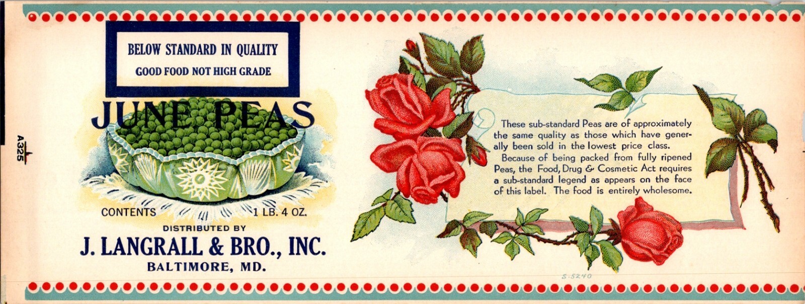 Vintage June Peas Can Label by J. Langrall & Bro Baltimore MD