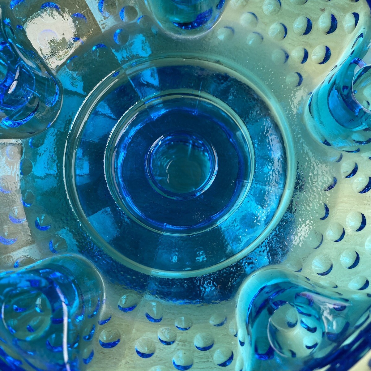 Vintage Fenton Blue Hobnail Glass Pedestal 6 Candle Holder Flower