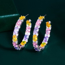Silver Plated Colorful Oval Cubic Zirconia Hoop Earrings for Women Wedding Party