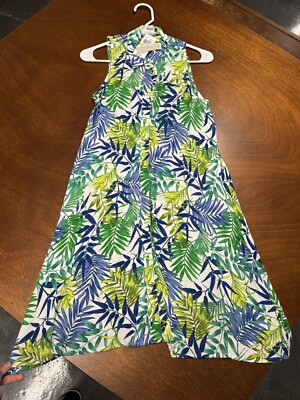 NEW Cupio Blue Green Tropical Sleeveless Button Up Dress