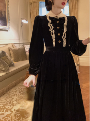 French Vintage Lace Midi Dress Elegant Autumn Slim LongSleeve Black VelvetDress | eBay French Vintage Lace Midi Dress Elegant Autumn Slim LongSleeve Black VelvetDress | eBay