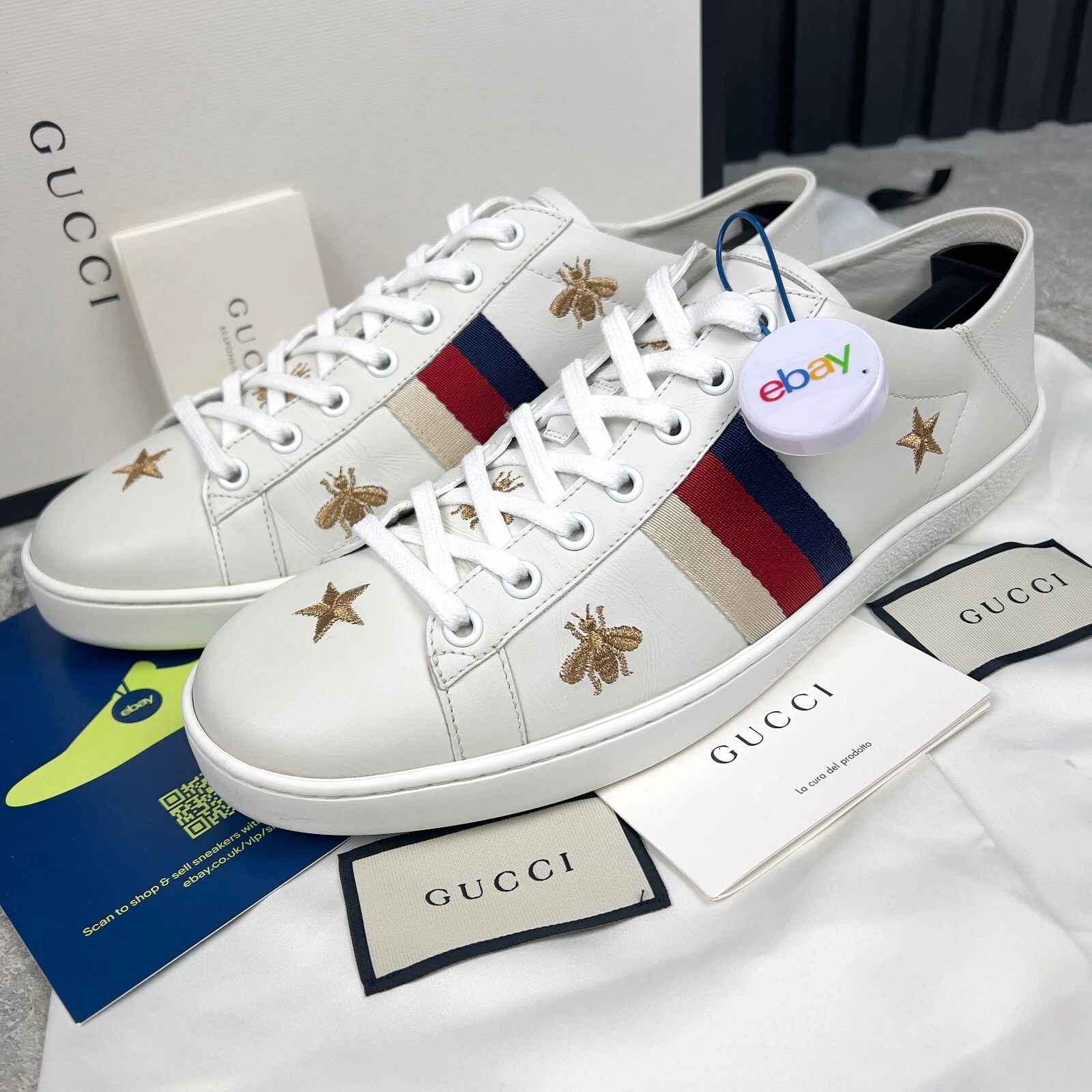 Baskets Gucci Ace Web étoiles abeilles brodées cuir blanc 11 US ou
