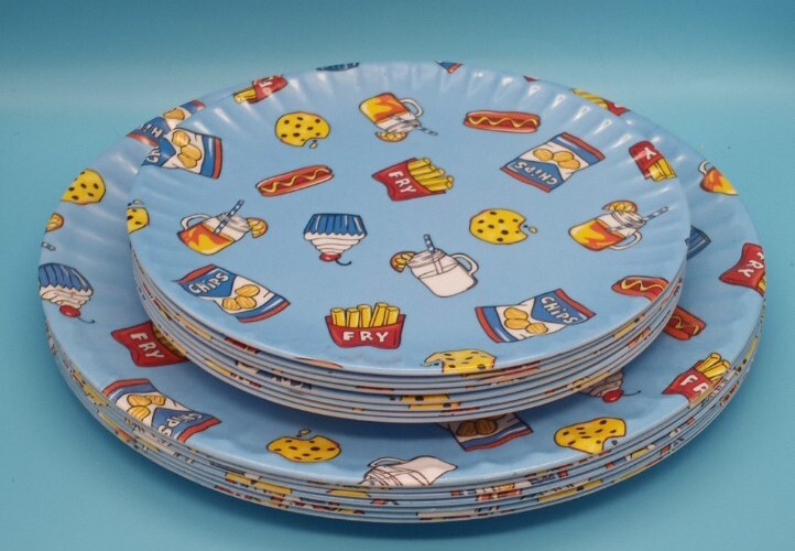 Novogratz Blue Snack Melamine Dinner Plates 7, Dessert Plates 8 Hot Dog Cookie