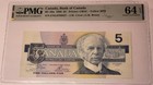 Canada 1986 $5 Bank Note Ch Unc 64 Epq Pmg