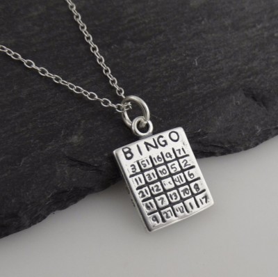 Bingo Karte Charm Halskette - 925 Sterling Silber - zweiseitige Spieleabend Zahlen