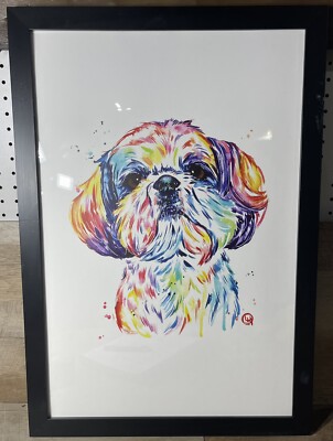 Kiki The Shih Tzu Rainbow Watercolor Fine Art Paper Framed Print 18  X 26 