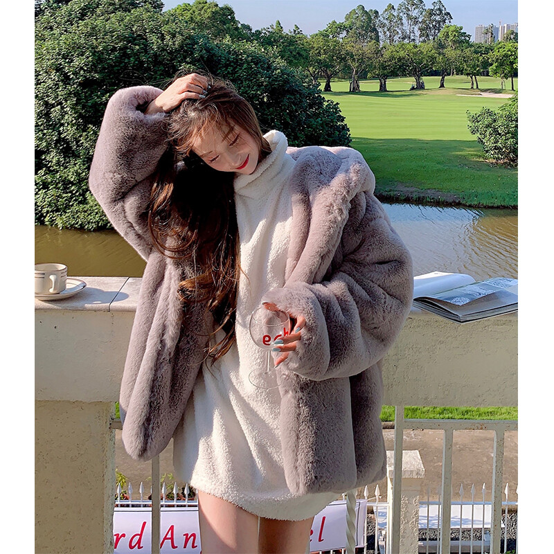 Pink Fur Coat Women's Winter Young Faux Rabbit Fur Warm Hooded