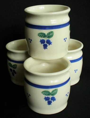 Vintage~4~Blueberry Mugs~12oz~HARTSTONE~Pottery~USA~Blue Band~3.5"~SIGNED~81-99