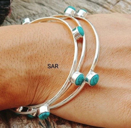 925Sterling Silver Bangle, Gemstone Turquoise Bracelet, Unique Birthstone Gift - Picture 3 of 4