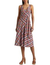 Lauren Ralph Lauren Multicolor Madras Plaid Cotton A-Line Midi Dress Size 12