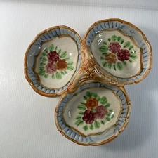 Hand Painted 3 Bowl Tidbit Candy Dish Relish w/Handle Vintage Japan