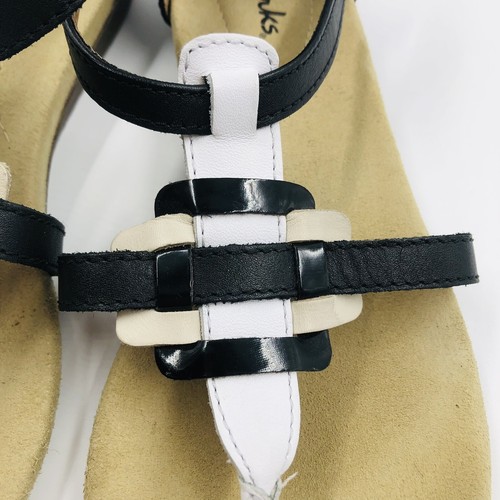 Clarks Women’s 8 Qwin Adonia Sandals Black White Tan Leather Gladiator Thong - Picture 6 of 8