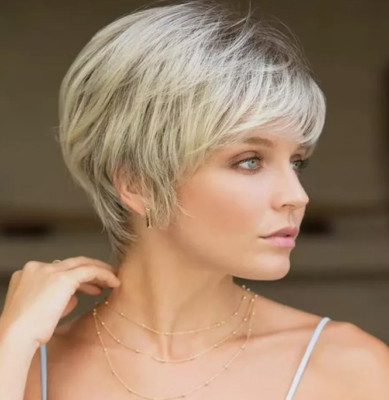 Short Layered Blonde Pixie Cut Wigs With Bangs White Women Synthetic Hair Wig