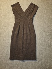 Banana Republic Wool Silk Blend Dress Brown Tweed V-Neck Knee Length Lined