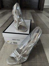 NINE WEST ULTANA WOMENS SLINGBACK LEATHER PUMPS HIGH HEEL DRESS SANDAL SILVER 10