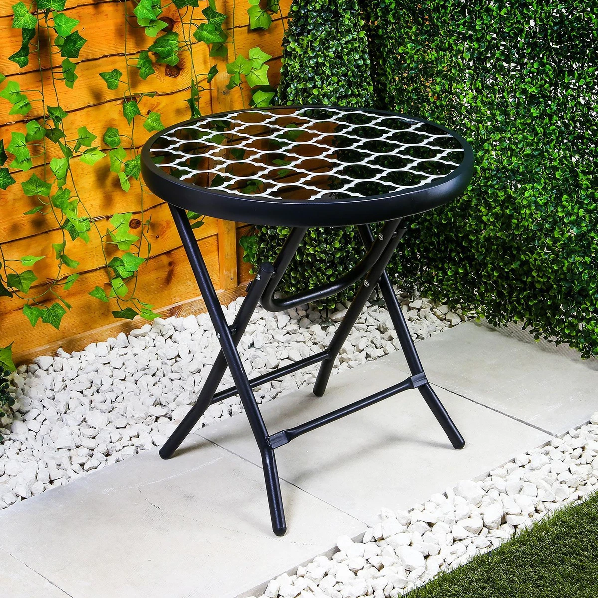 Small Garden Lattice Folding Drinks Side Table Glass Bistro Dining Outdoor Patio