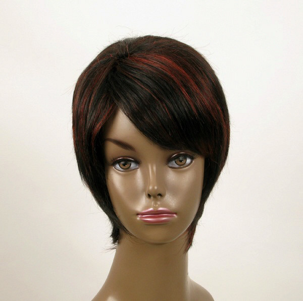 Perruque femme afro 100% cheveux naturel courte méchée noir rouge KITTY 02