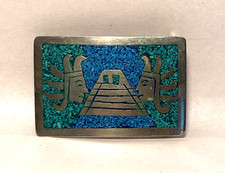 Vintage Inlaid Turquoise Chip Belt Buckle Made in Mexico